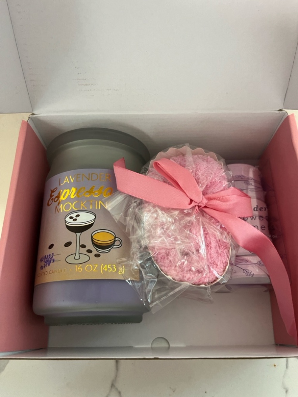 Lavender Espresso Mocktini Candle & Pink Bath Puff Gift Set